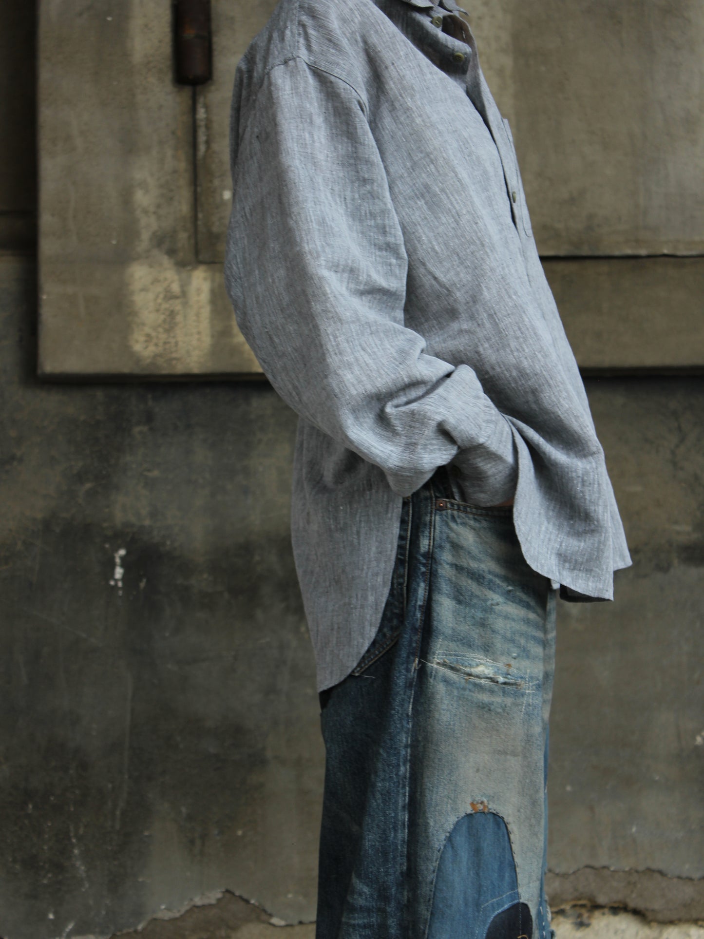 【nakedgauge】KHADIxLINEN REGULAR COLLER SHIRT, GRAY